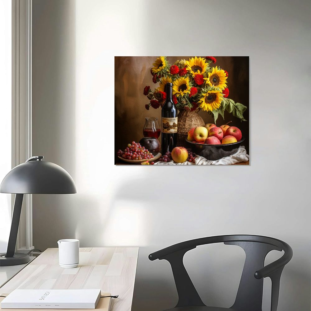 Nawypu Kitchen Wall Art Wine Pictures Wall Decor Large Canvas Wall Art for Living Room Dining Room Brown Vintage Home Decor Neutral Red Wine Bottles Artwork for Walls Sunflower Paintings for Wall