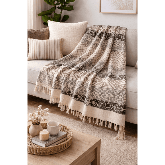 Fennco Styles Abstract Boho Block Print Cotton Throw Blanket with Tassel 47" W x 70" L – Multicolored Geometric Blanket for Bed, Couch, Sofa, Holidays, Home Décor and Office Décor