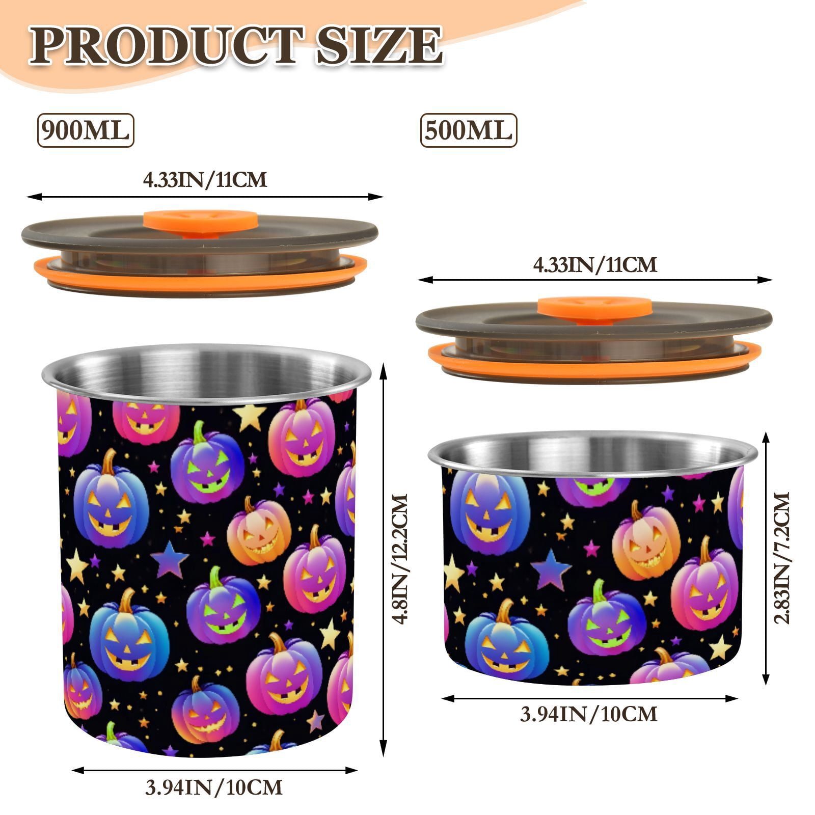 Halloween Rainbow Pumpkin Cute Airtight Coffee Bean Canister 30oz Food Storage Containers with Lids For Gournd, Tea, Sugar, Flour, Rice, Cereal, Candy Cookie Jar