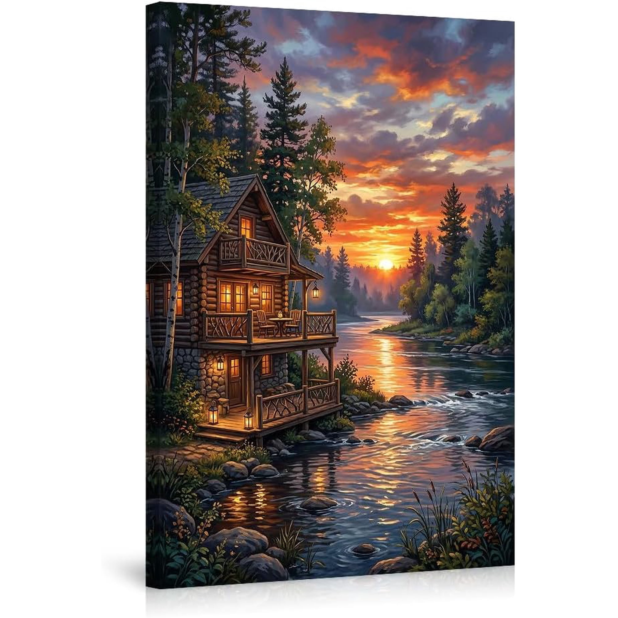Vibrant Sunset Log Cabin Canvas Wall Art River Forest Landscape Painting Rustic Home Decor Cozy Woodland Art Prints for Living Room Bedroom