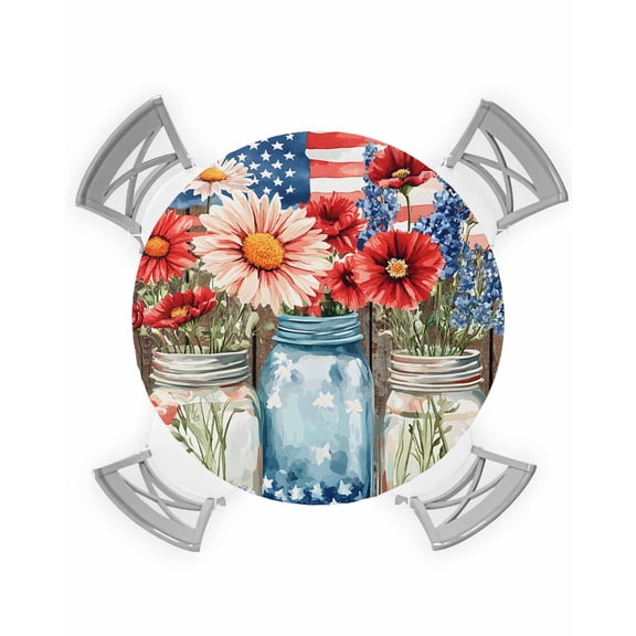 nqOlkjepod Independence Day Round Tablecloth, Fitted Table Cover with Elastic for 45"-54" Round Tables, Red Blue Patriotic Floral Brown Wood Table Cloth Outdoor Dinning Party Waterproof Tablecloths
