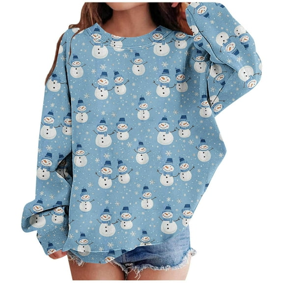 Lorytime Christmas Sweatshirt for Girls Boys Snowman Fleece Shirt Crew Neck Long Sleeve Pullover Soft Tops 12-13Years
