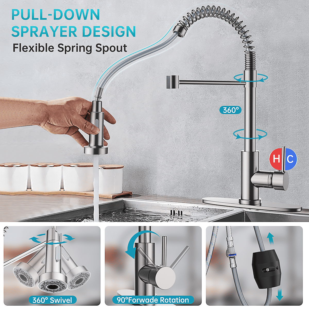 Kitchen Faucet w/ Pull Down Sprayer, High Arc Spring Kitchen Sink Faucet, Modern rv Single Handle Water faucets with Deck Plate&Water Lines, Dual Function for Bar/Laundry/Utility Sink, Brushed Nickel