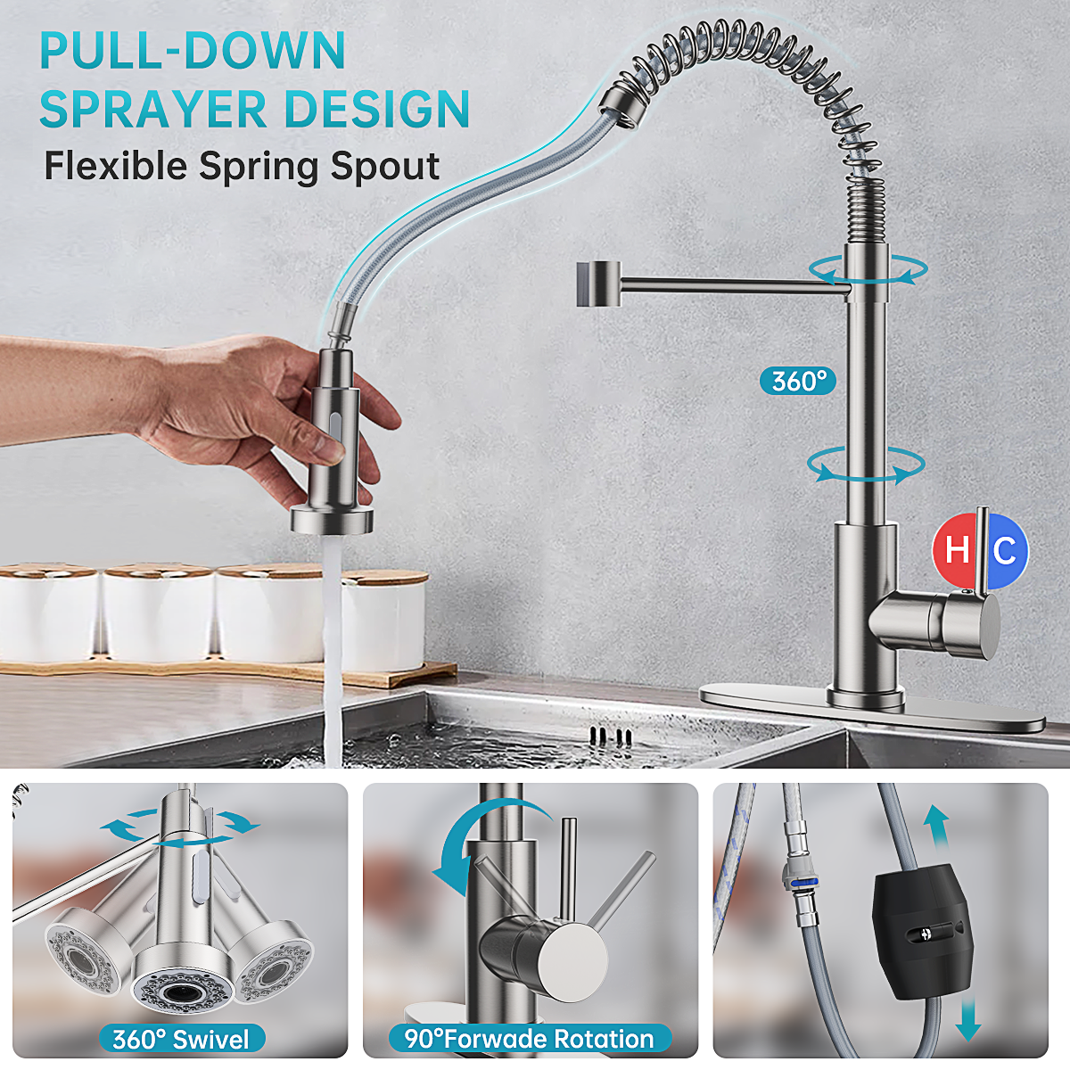 GPED Stainless Steel Kitchen Faucet with Pull-Down Sprayer photo 2