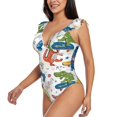 thumbnail image 3 of Yiaed Dinosaur Print Women's Ruffled One Piece Swimsuit V Neck Swimwear Slimming Monokini for Woman-X-Large, 3 of 8