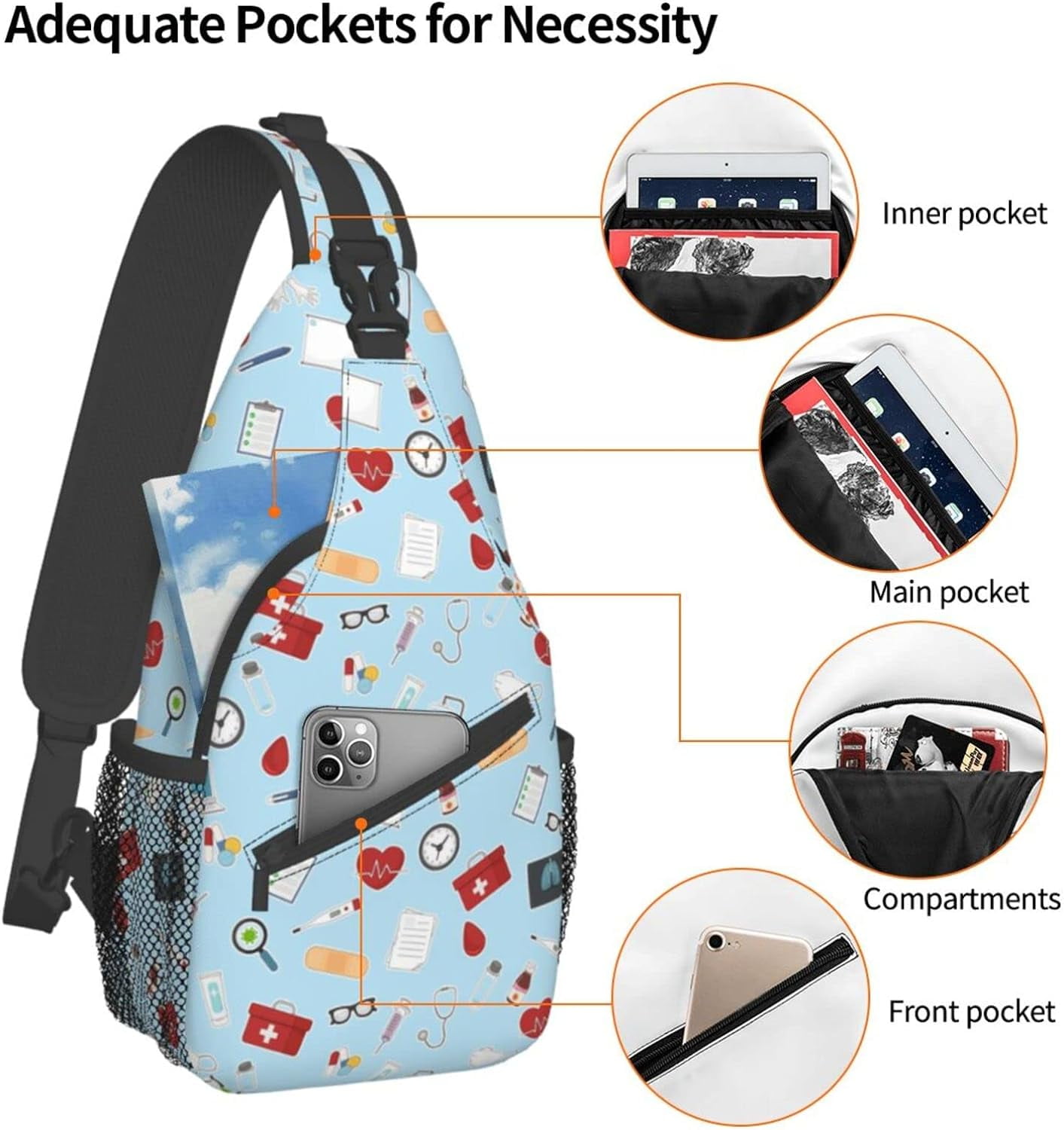 Nursing Theme Pattern Sling Bag Crossbody Hiking Travel Chest Bags Backpack Shoulder Daypack for Women Men