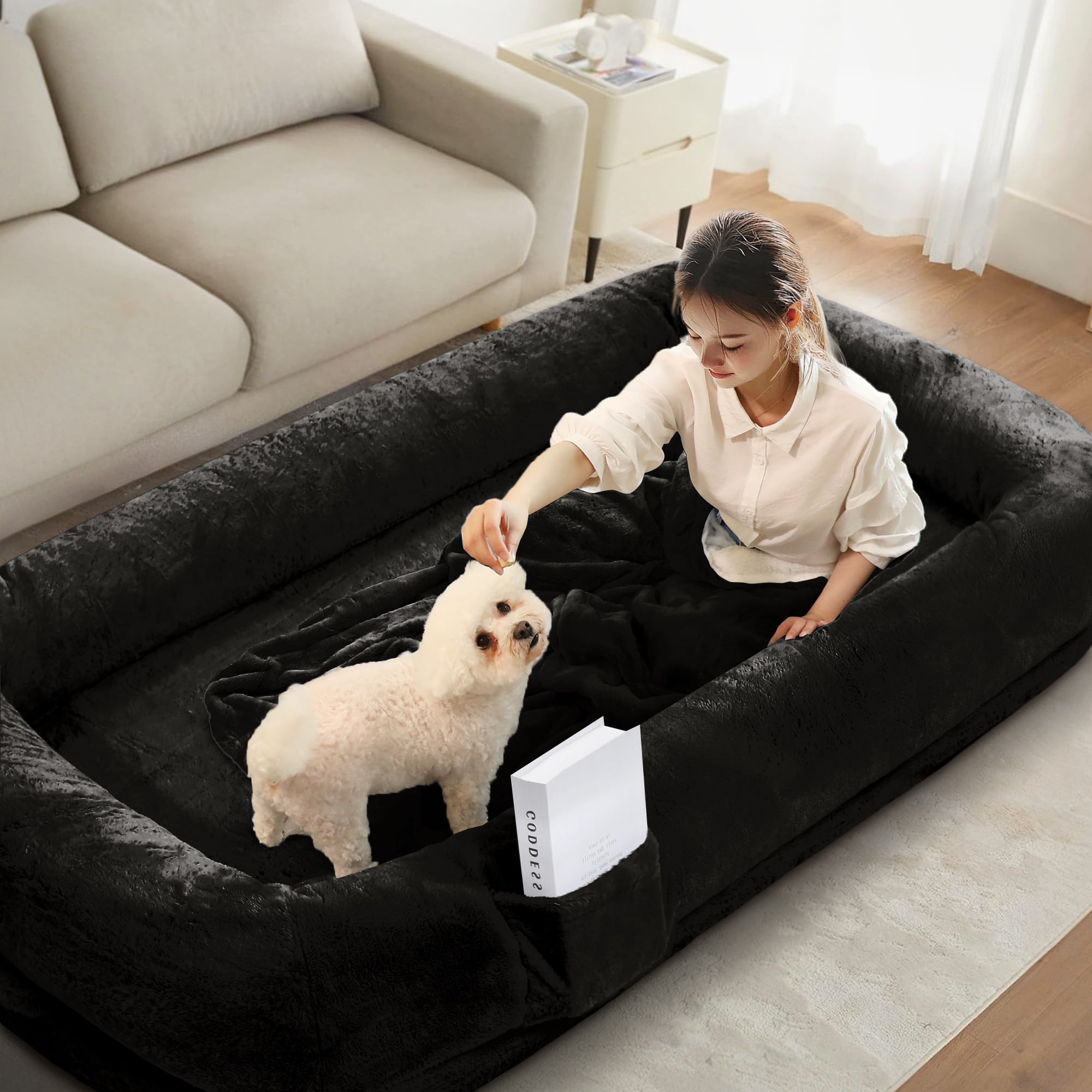 Melocadol Human Dog Bed for Adult, 71"x40"x10" Fits You & Pets, Orthopedic Foam, Washable Faux Fur, Removable Cover, Black