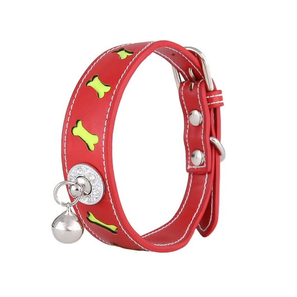 Collar reflectante de cuero sintético ajustable con forma de hueso para mascotas, con decoración creativa de campana para gatos y perros (rojo)