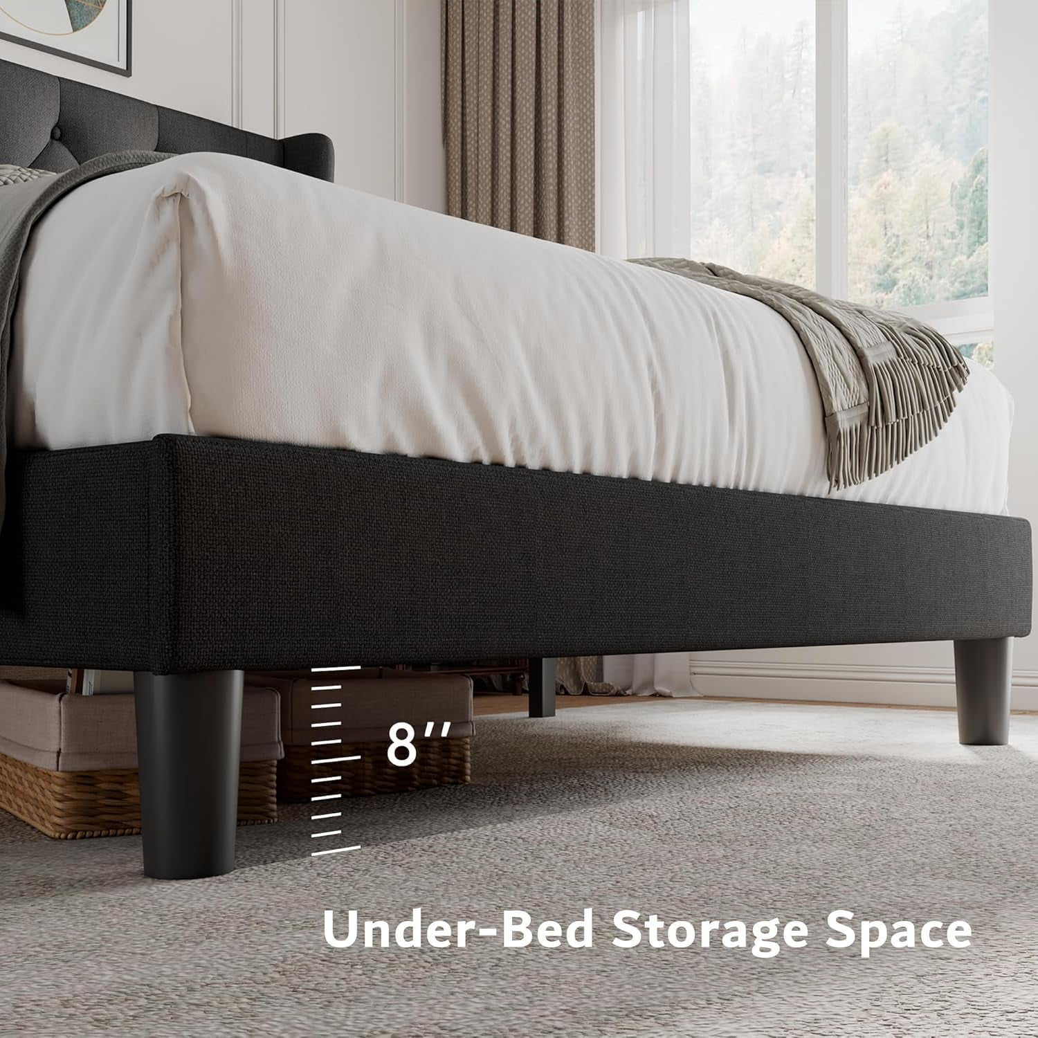 iPormis Queen Size Bed Frame with Diamond Button Tufted Wingback Headboard, Upholstered Platform Bed Frame with Strong Wood Slat Support, No Box Spring Needed,Black