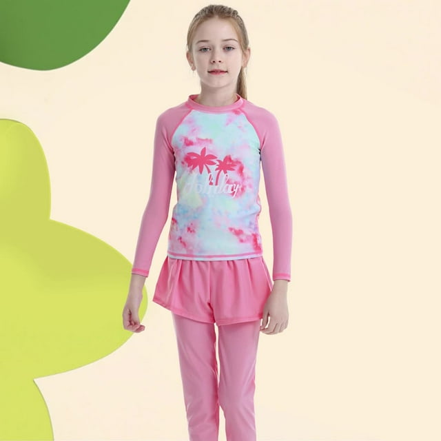 Kid Girls Bathing Suits Rash Guard Set Ruffle Floral Pattern Long Sleeve Sun Protection Girl Bathing Suit 9-10 Years