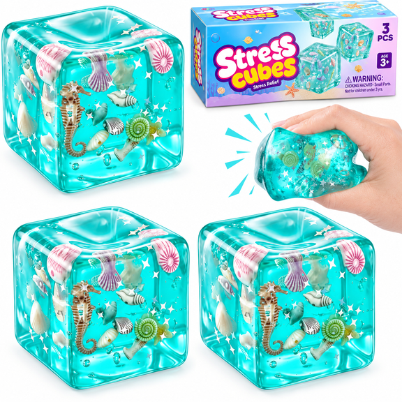 Joyfy 3Pack Ocean Cube squishy toy Toys, 2.2 Inch Marine-Themed Miniature Landscape Fidget Stress Relief Toys for Kids and Adults, Squeeze Cubes for Birthday Gifts,Party Favor