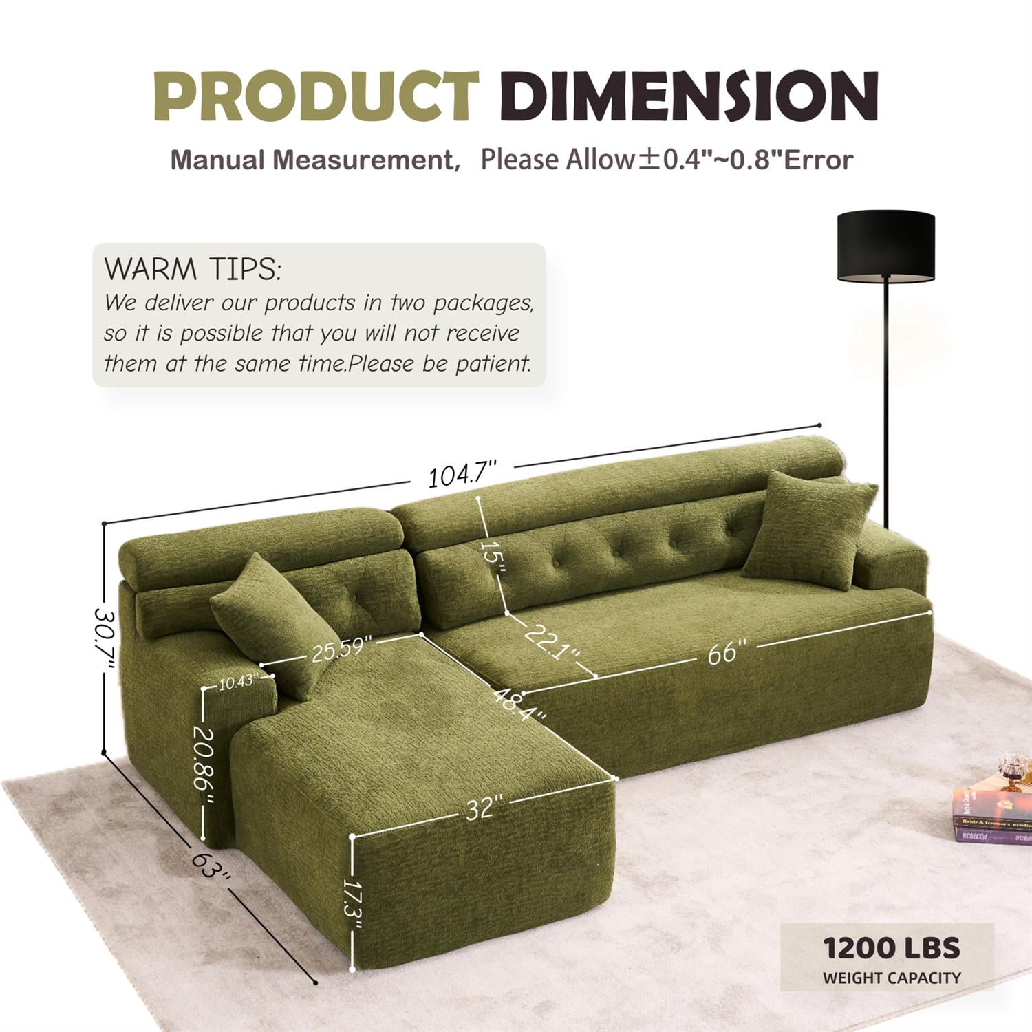 Demi Bonn 105" Modern L-Shaped Sectional Sofa, 3-Seater Couch with Chaise Lounge, 2 Accent Pillows, Wood Grain Chenille Fabric for Living Rooms, Green