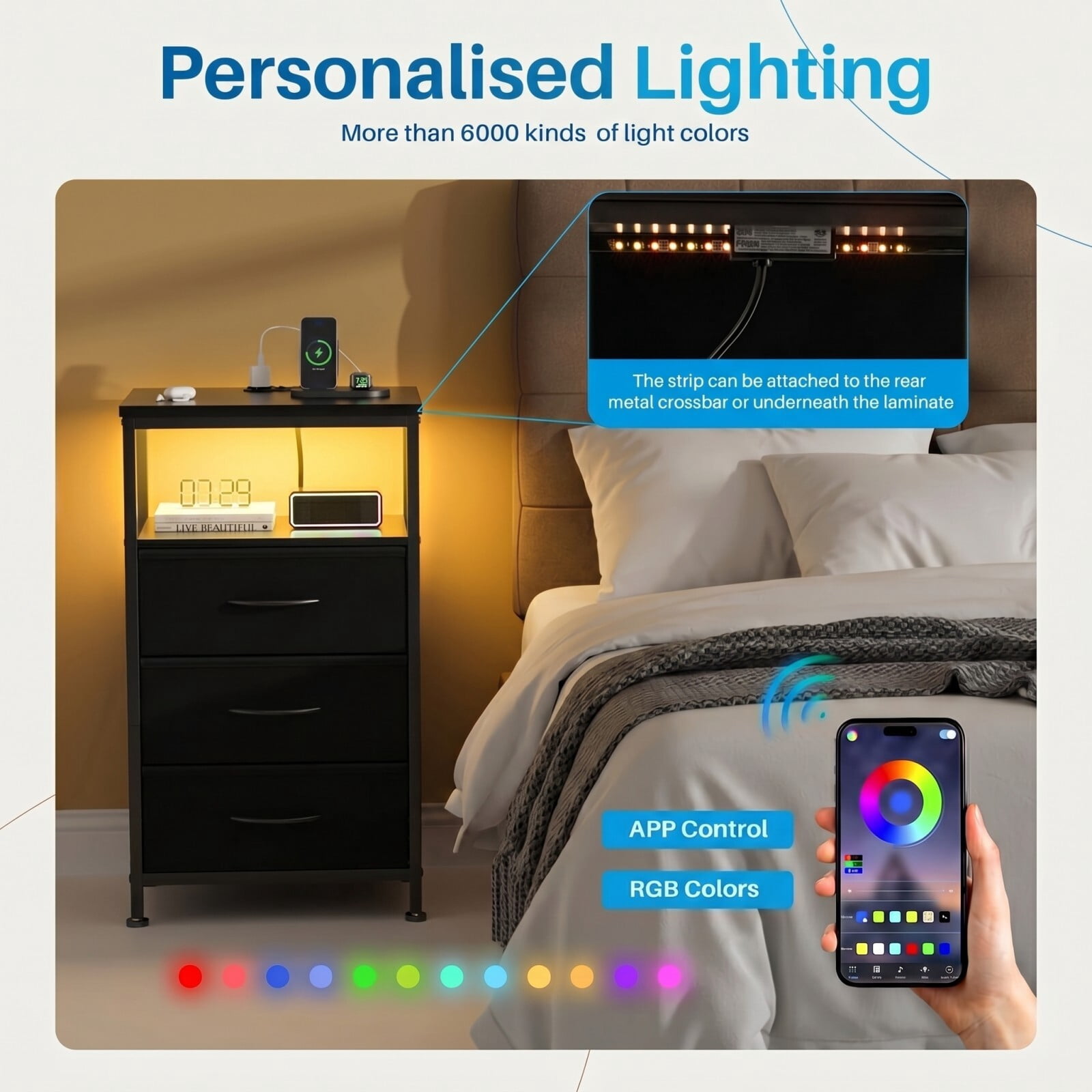 Kelno 3-Drawer Nightstand with Charging Station AC Outlets LED Light Dresser Bedside Table, Black