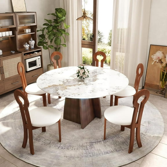 LovingAHome Round Dining Table for 6-8, Modern Dining Room Table 59" Pandora White Sintered Stone Tabletop with Copper Stainless Steel Base for Kitchen (Table Only)