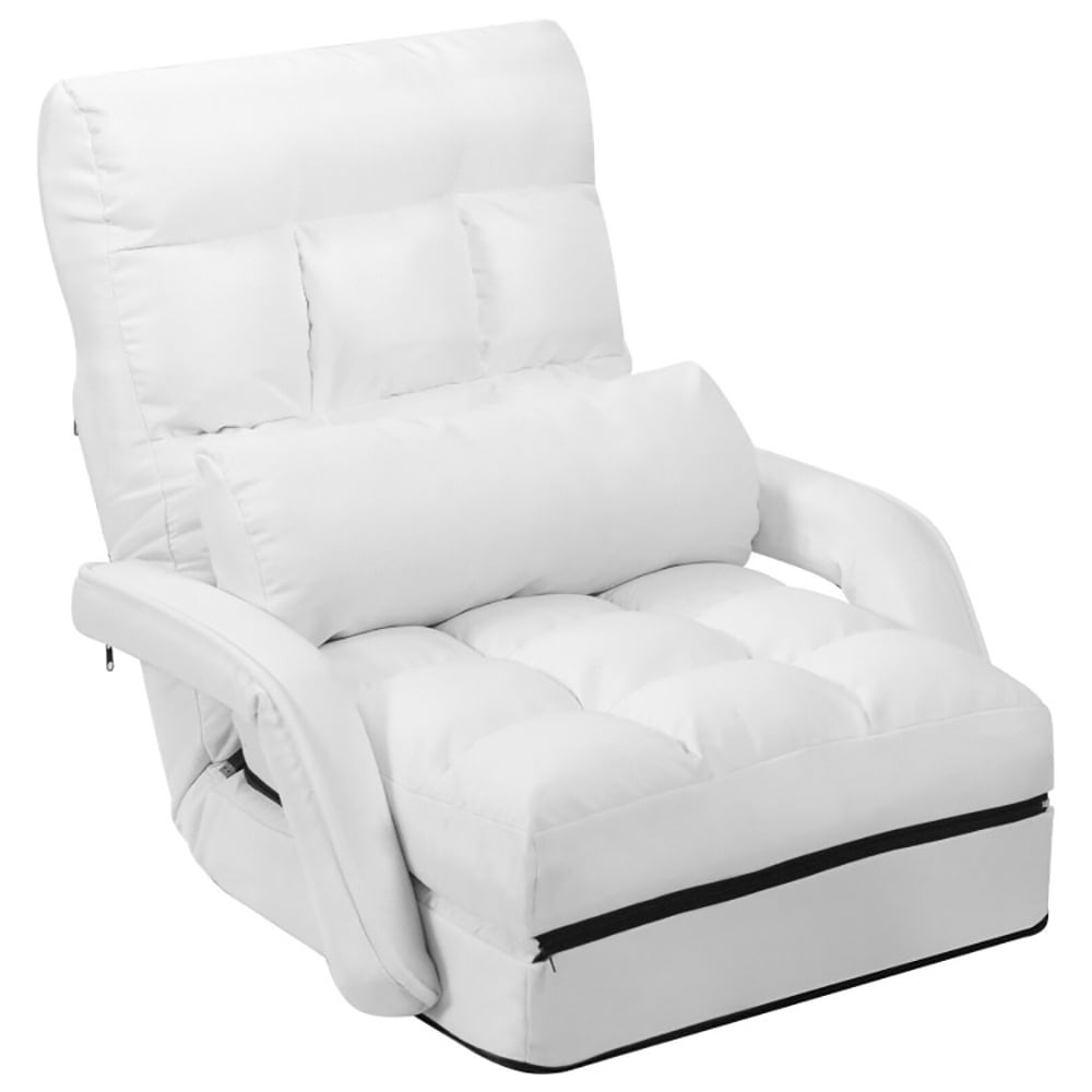 Finihen Folding Lazy Sofa Chair, Floor Chair, Folding Lazy Floor Chair Sofa with Armrests and Pillow, for Living Room, Bedroom, for Gaming, Reading, White