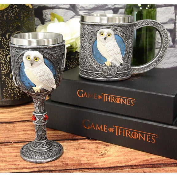 Ebros Dazed Snow White Owl With Celtic Tribal Tattoo Wine Goblet And Mug Set