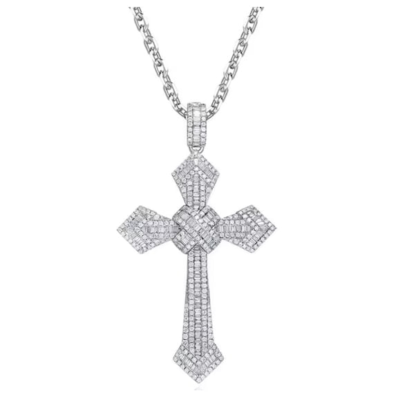 Solid Silver Cross with Baguette Moissanite Pendant on Silver Chain by Artisan Jeweler