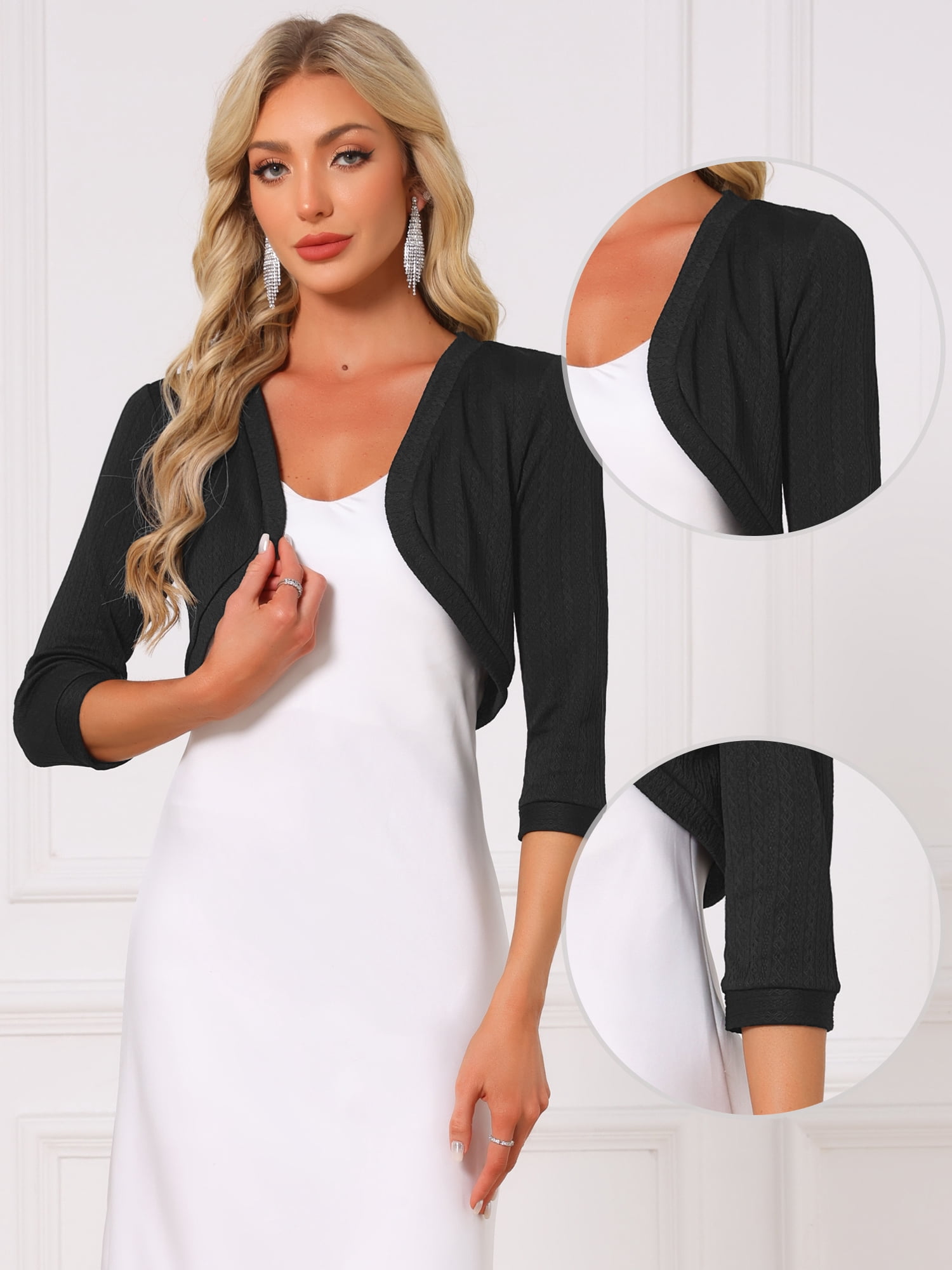 DARING DIVA Women's 3/4 Sleeve Cropped Open Front Cardigan Sweaters XL Black