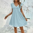 thumbnail image 4 of Fartey Summer Dresses for Women Eyelet Embroidery Ruffle Trim Short Sleeve Midi Dress Loose Casual V Neck Swing Dress Solid Color Beach Vacation Sundress Light Blue XXL, 4 of 8