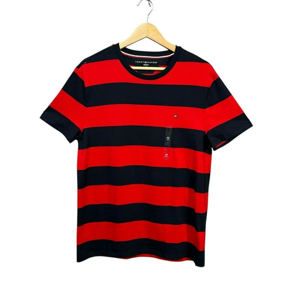 Tommy Hilfiger Men's Stripe T-Shirt Size M Primary Red -Navy Stretch Crew Neck