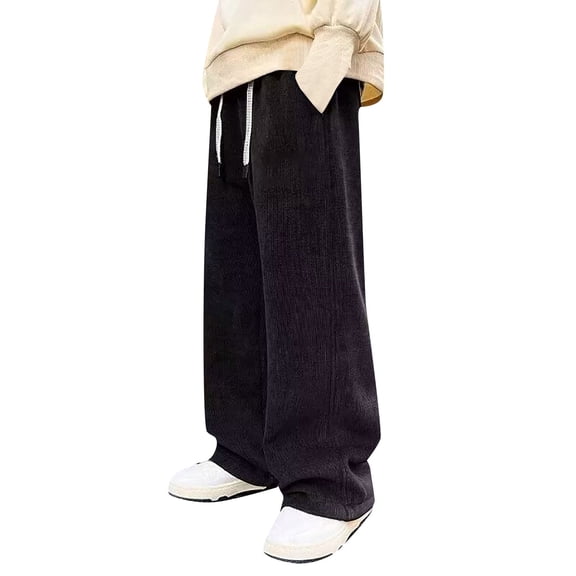 CPNG Boys Solid Color Drawstring Sweatpants Corduroy Loose Wide Leg Sweat Pants Elastic High Waist Baggy Joggers(Black,11-12 Years)