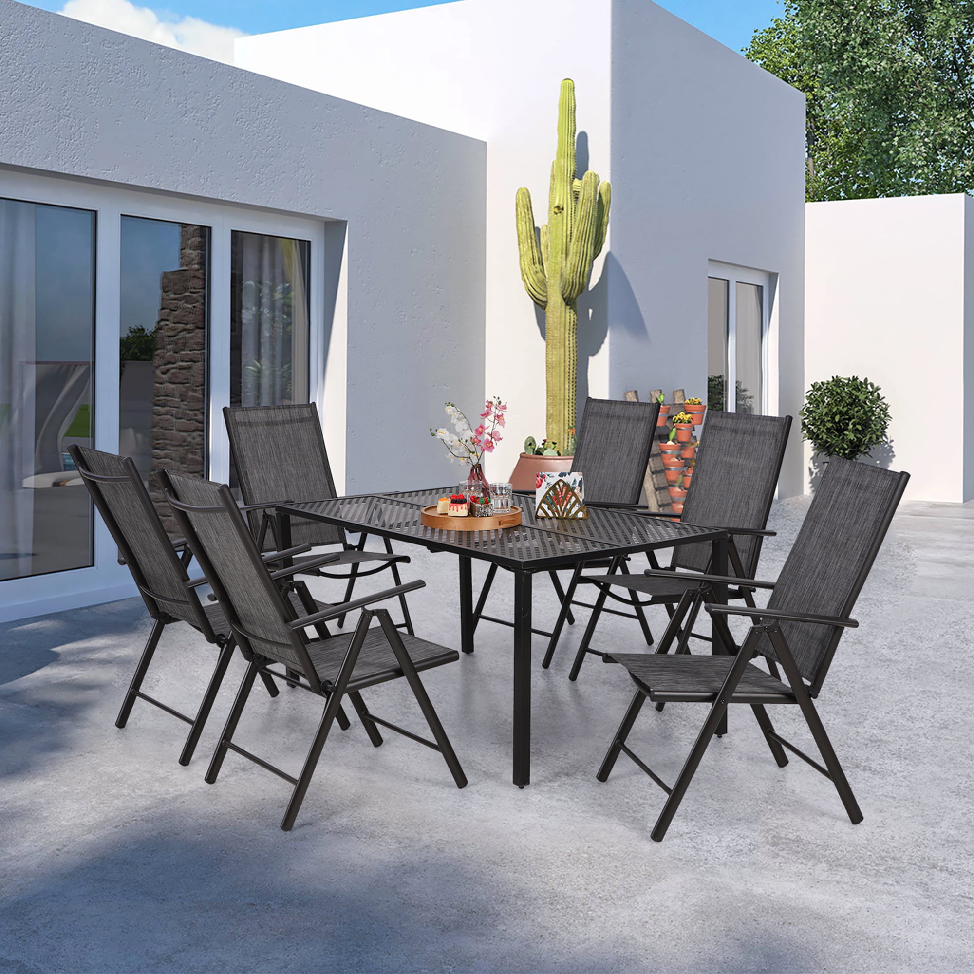 MF Studio 7-Piece Patio Dining Set Rectangle Table&Folding Chairs for 6  Persons, Gray