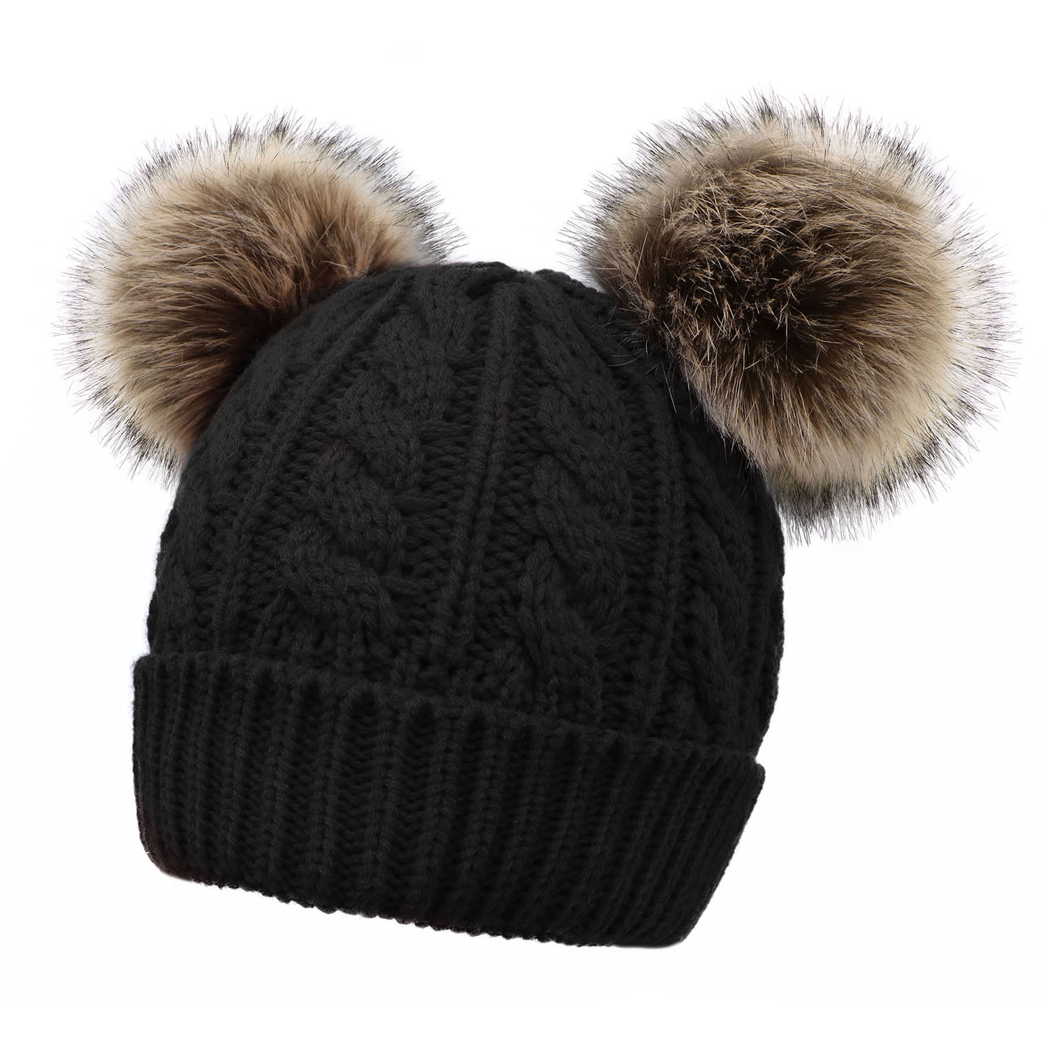 NEW No Boundaries Knit Womens Winter Faux Fur Pom Cuffed Beanie Hat Stocking Cap