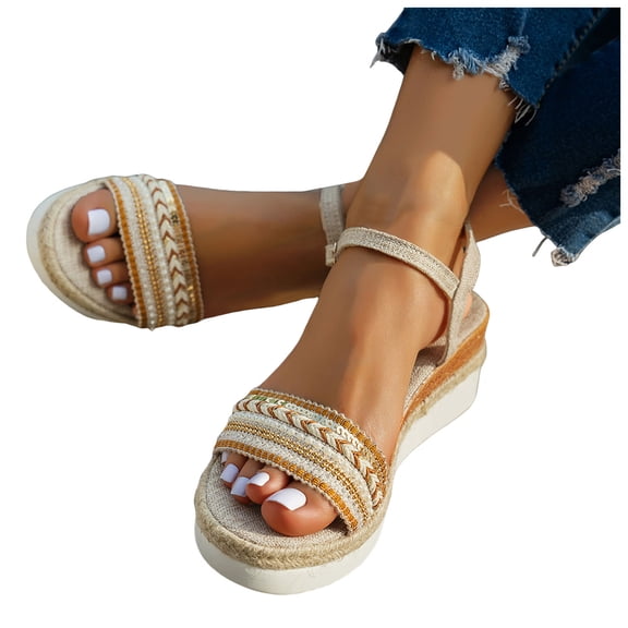 Rokment Women's Ethnic Espadrilles Platform Wedge Dress Sandals 2026 Beach Summer Boho Crochet Braided Open Toe Ankle Strap Memory Foam Chunky High Heels Bride Wedding Brown Size 6.5