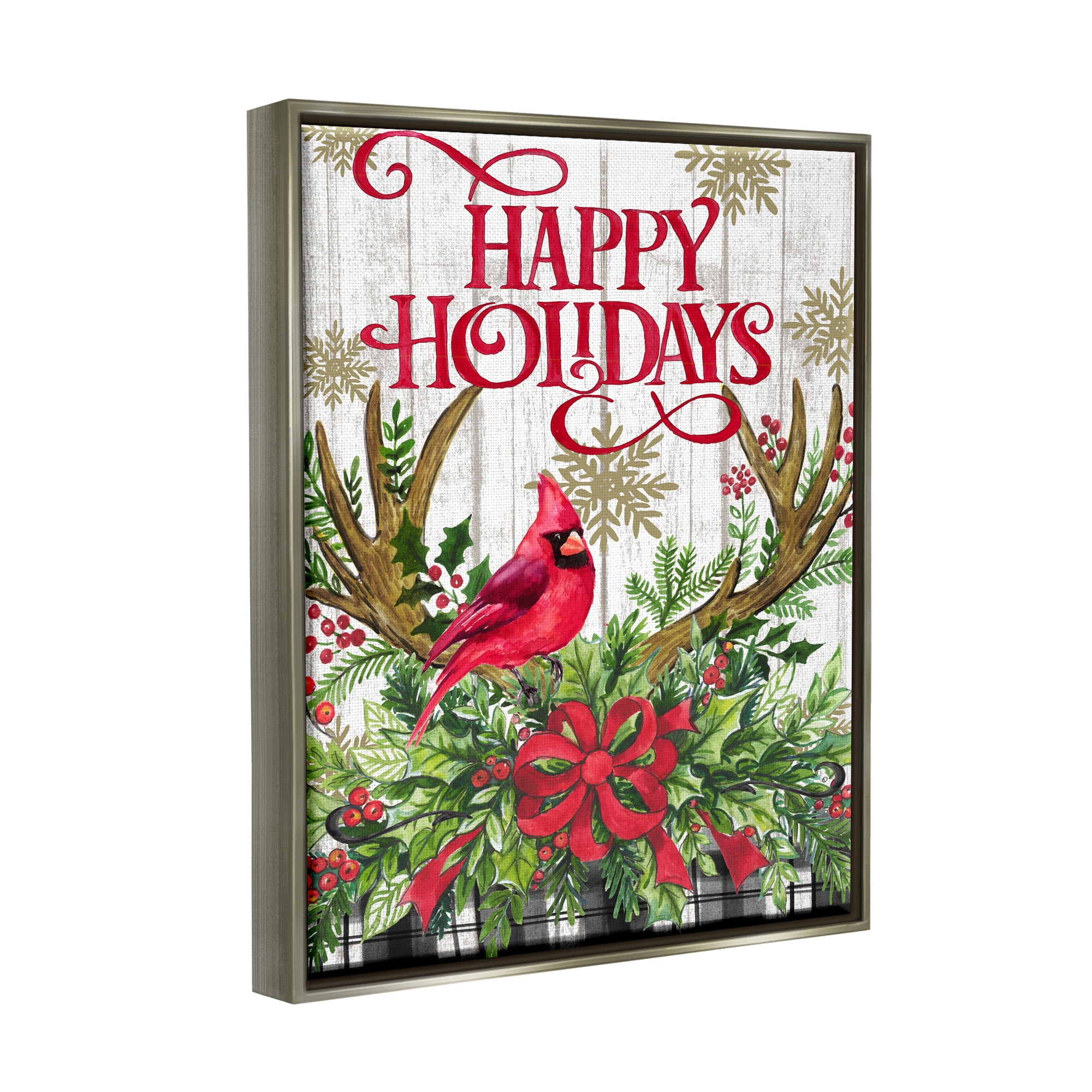 Stupell Industries Happy Holidays Cardinal Holiday Painting Gray Floater Framed Canvas Art Print Wall Art, 17 x 21