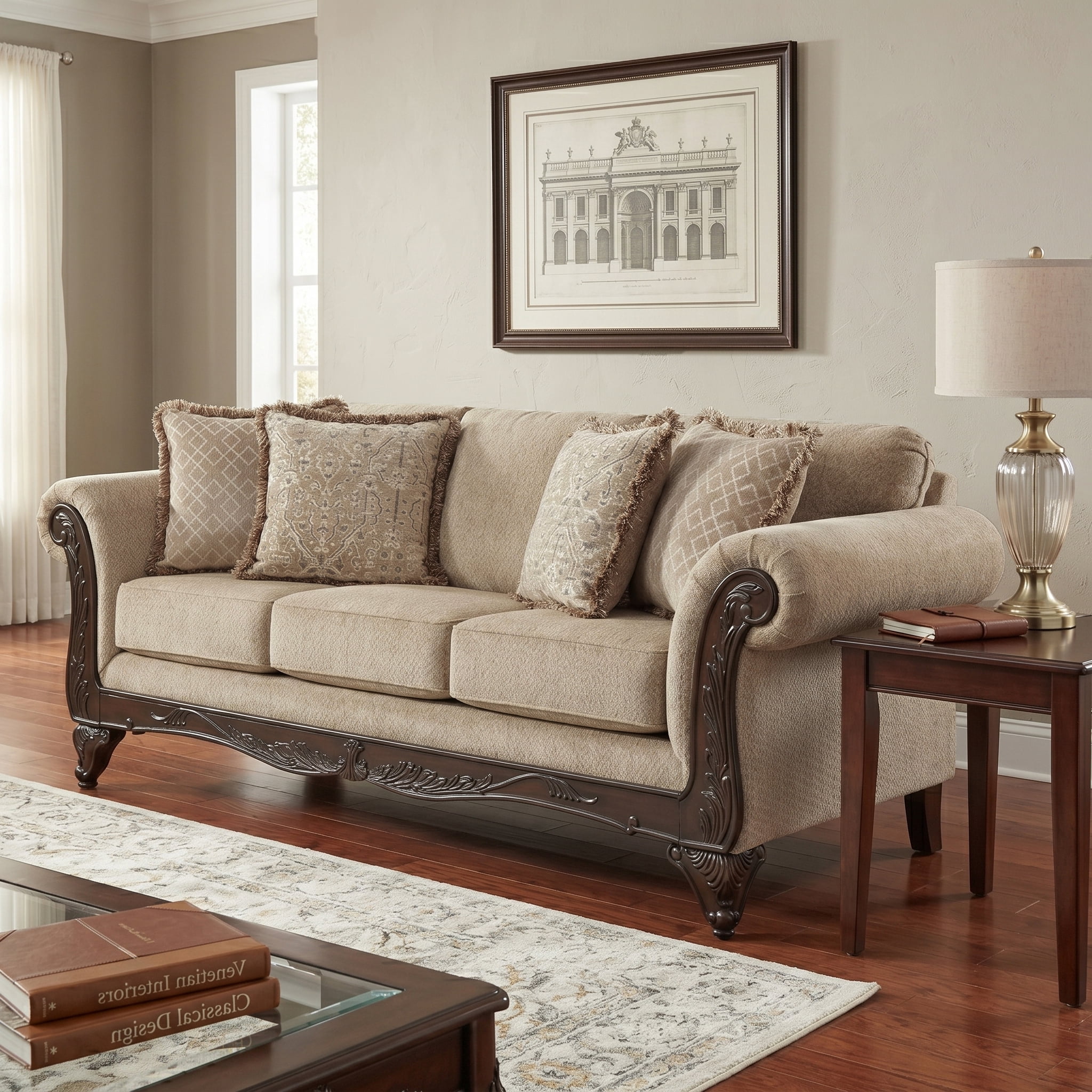 Roundhill Furniture Hernen Carved Wood Frame Sofa, Emma Wheat