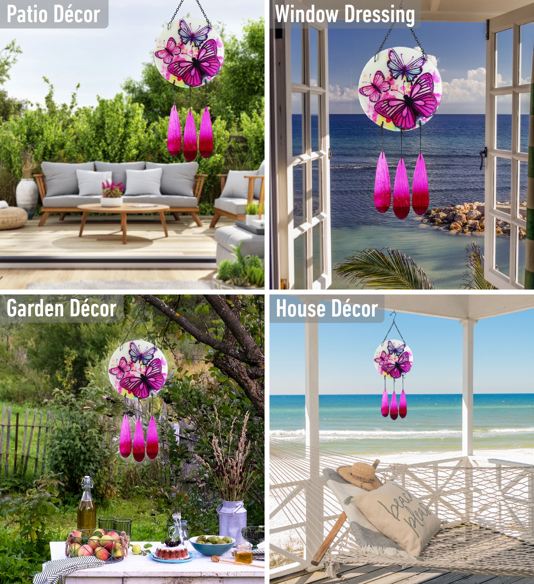 CoTa Global Circle Butterfly Wind Chime - Handmade Glass & Metal Chime, Colorful Butterflies Hanging Home Decor Gift, Indoor & Outdoor Cute Nature Art Decoration For Porch, Patio & Garden - 21.7"