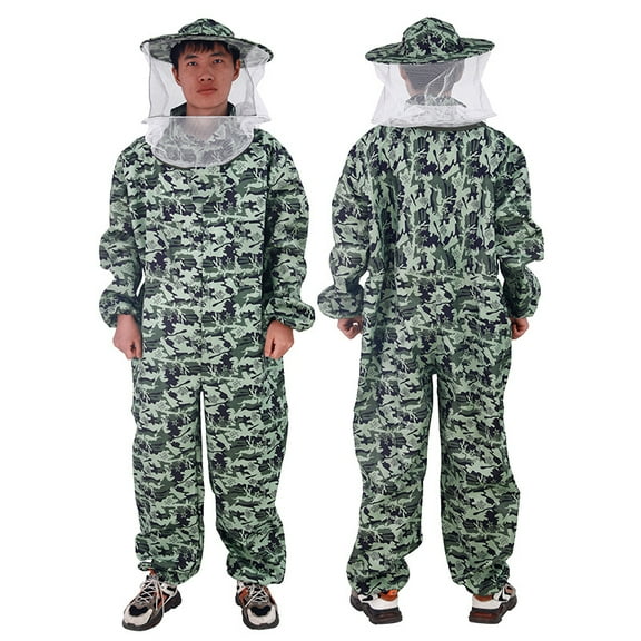 Professional Bee Suit with Round Hood Veil- Thick Cotton Bee Suit Sting-Less Protection Pro Beekeeper Suit Bee Keeper Suite Trajes De Apicultura Beekeeping Coverall grey camouflage xL