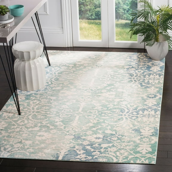 SAFAVIEH Mystique Hayleigh Faded Floral Polyester Area Rug, Blue/Ivory, 6' x 9'