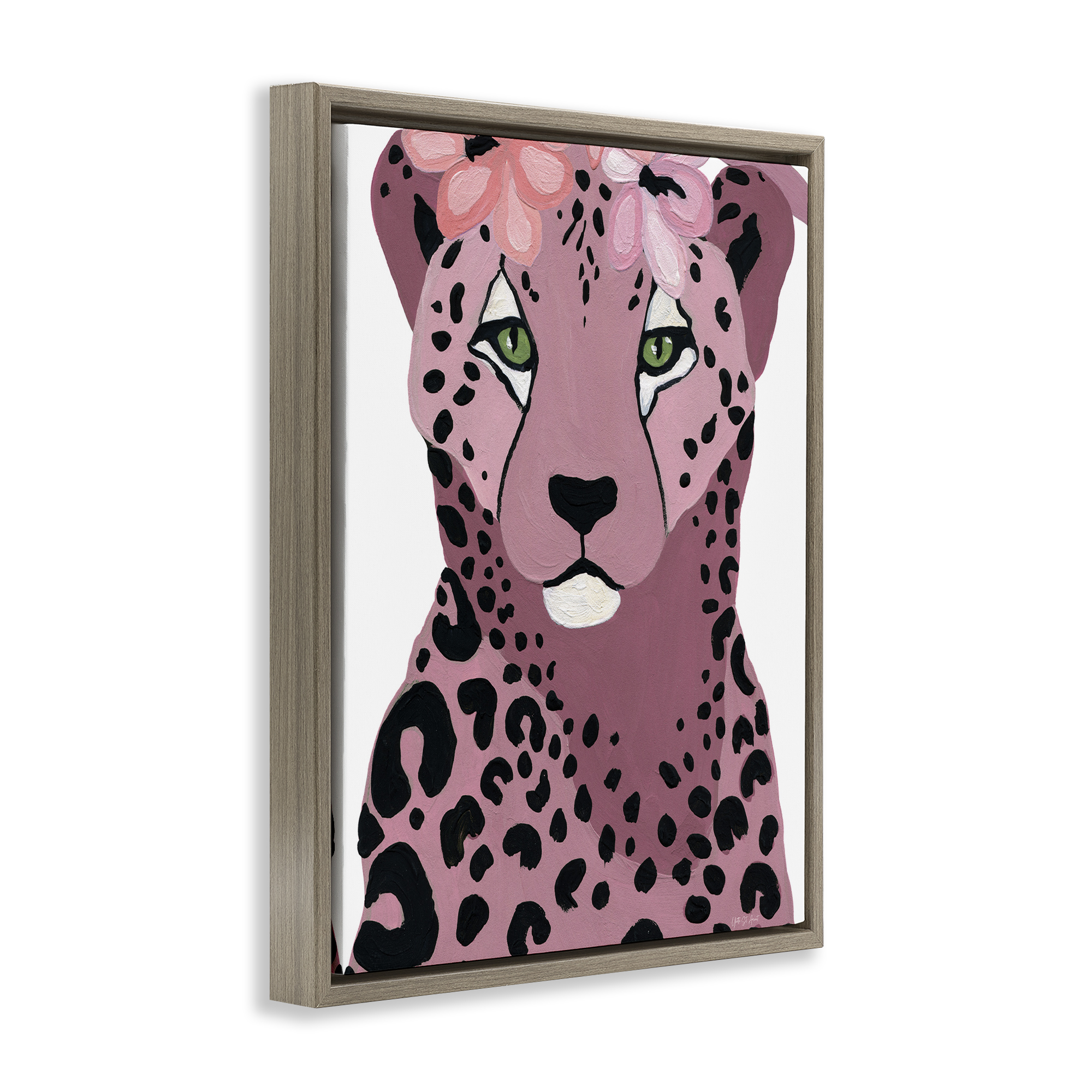Stupell Industries Cheetah with Pink Blossoms Animals & Insects Painting Brown Floater Framed Canvas Art Print Wall Art, 17 x 21