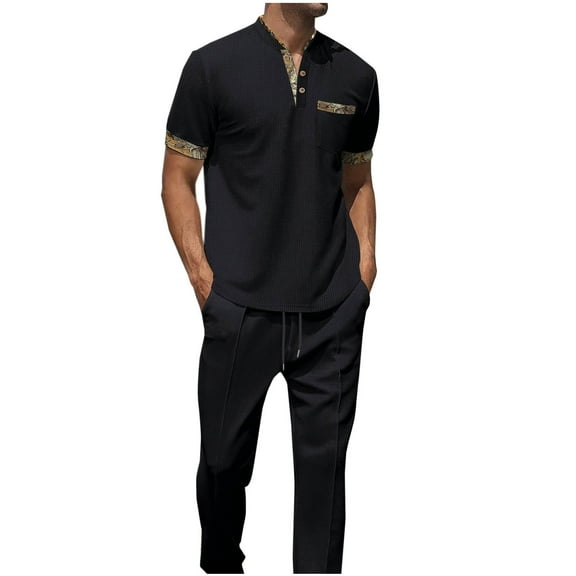Ecqkame Two Piece Summer Set for Men Casual Pullover Short Sleeve V Neck Shirts And Wide-Leg Pants with Pocket Solid Color Beach Outfits A-Black XXXL