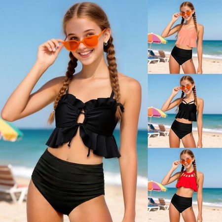 felwors Girls Stylish 2-Piece Swimsuit Set - Ruffled Cutout Tie Top & High-Waisted Ruched Bottom - Pool & Beach(Bronze, 7-8 Years)
