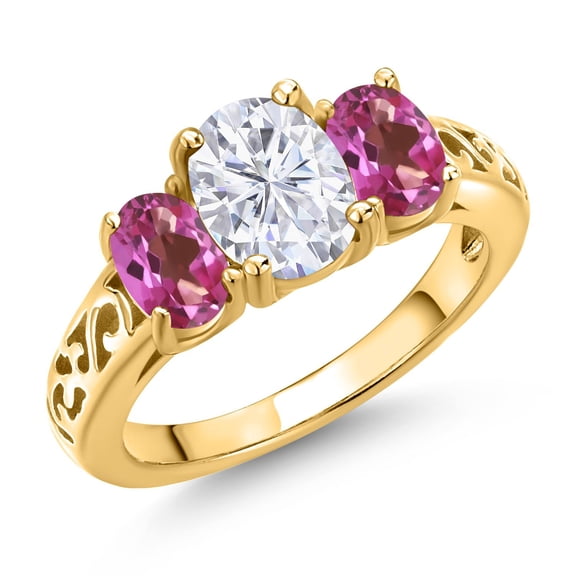 Gem Stone King 18K Yellow Gold Plated Silver White Moissanite and Pink Mystic Topaz Filigree Style 3 Stone Ring for Women (2.50 Cttw, Oval 8X6MM and 6X4MM) (Size 7)