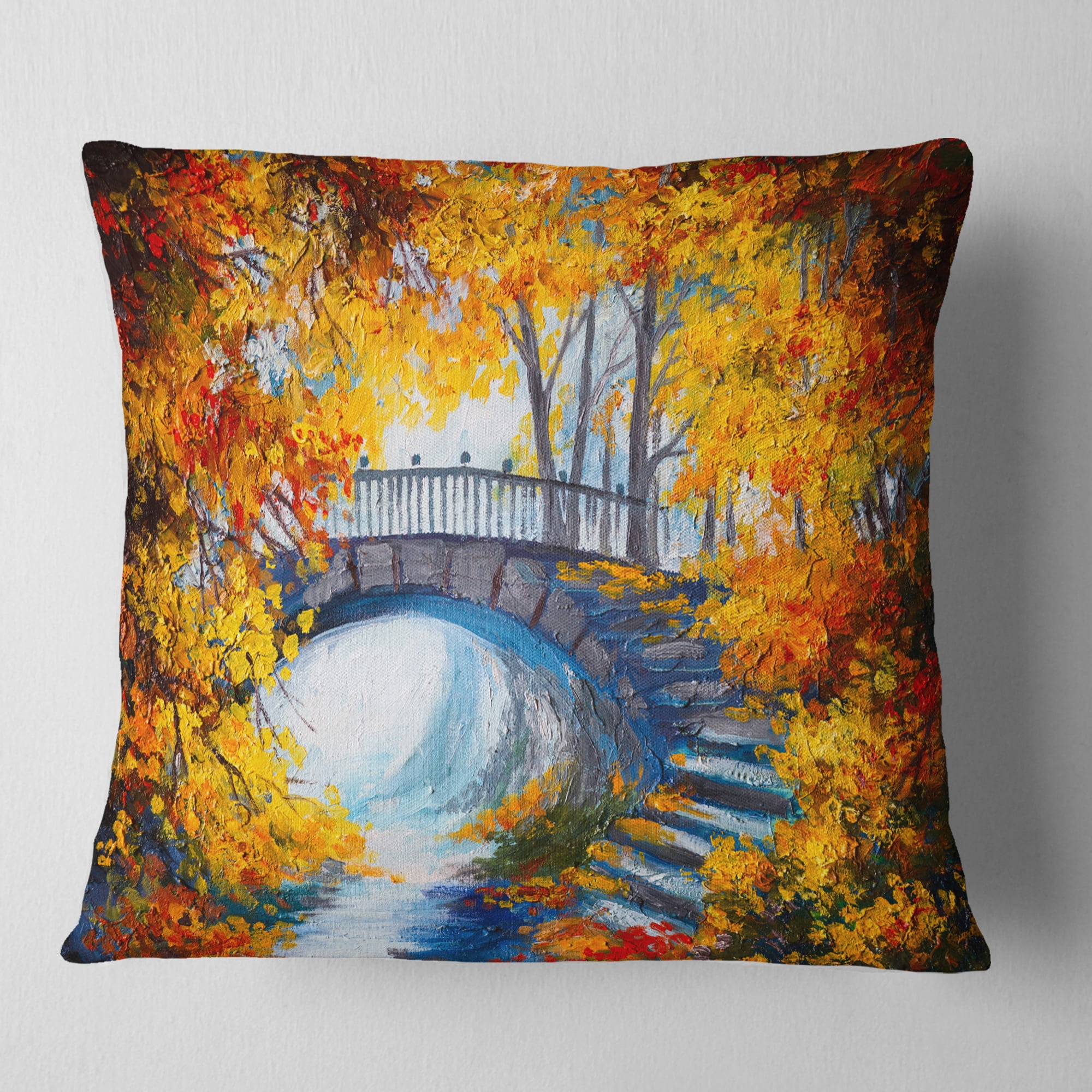 Designart Fall Forest with a Bridge - Landscape Printed Throw Pillow - 18x18