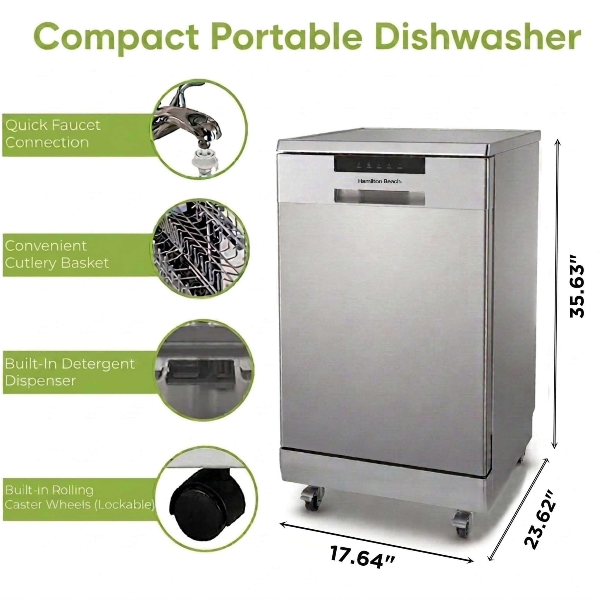 Hamilton Beach 8 Place Setting 18" Portable Dishwasher for Kitchen, RV, or Apartment with Quick Faucet Connection, 6 Wash Cycles, and Rolling Caster Wheels, Stainless Steel