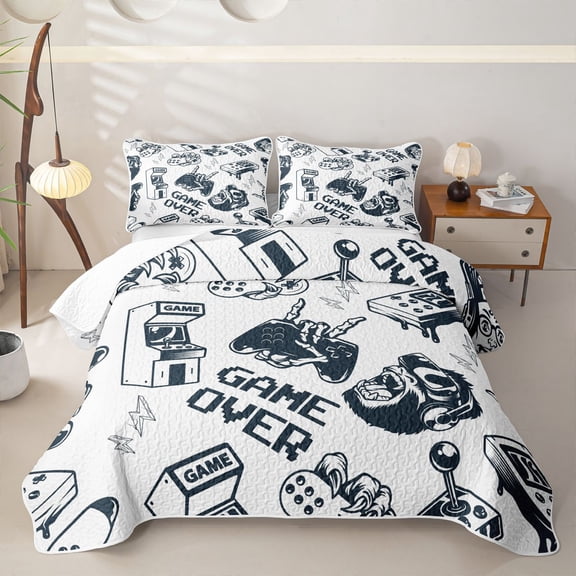 Homewish Cartoon Gaming Controller Twin Quilt Set,Game Over Print Twin Coverlet Set,White,2pcs