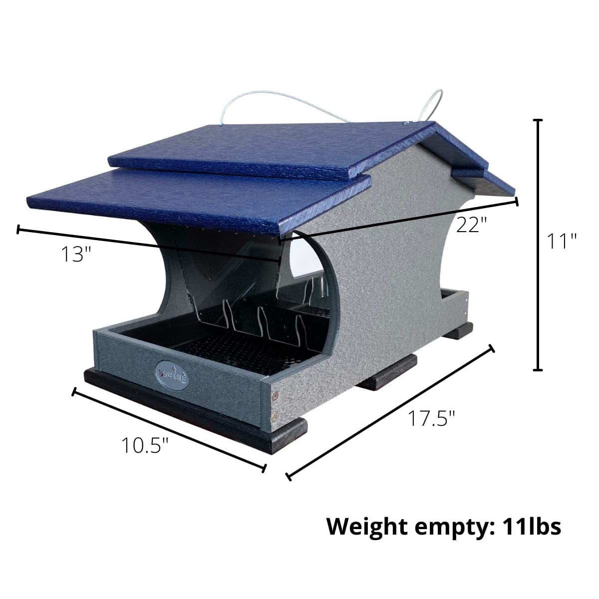 JCs Wildlife Large Poly Hopper Bird Feeder with Universal Mounting Pole Kit - Holds 2 Gallons of Bird Seed - Blue and Gray