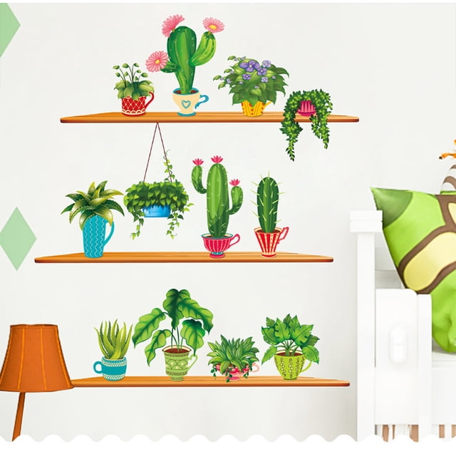 Adhesivos de pared coloridos con forma de cactus, plantas, estantes, arte de pared