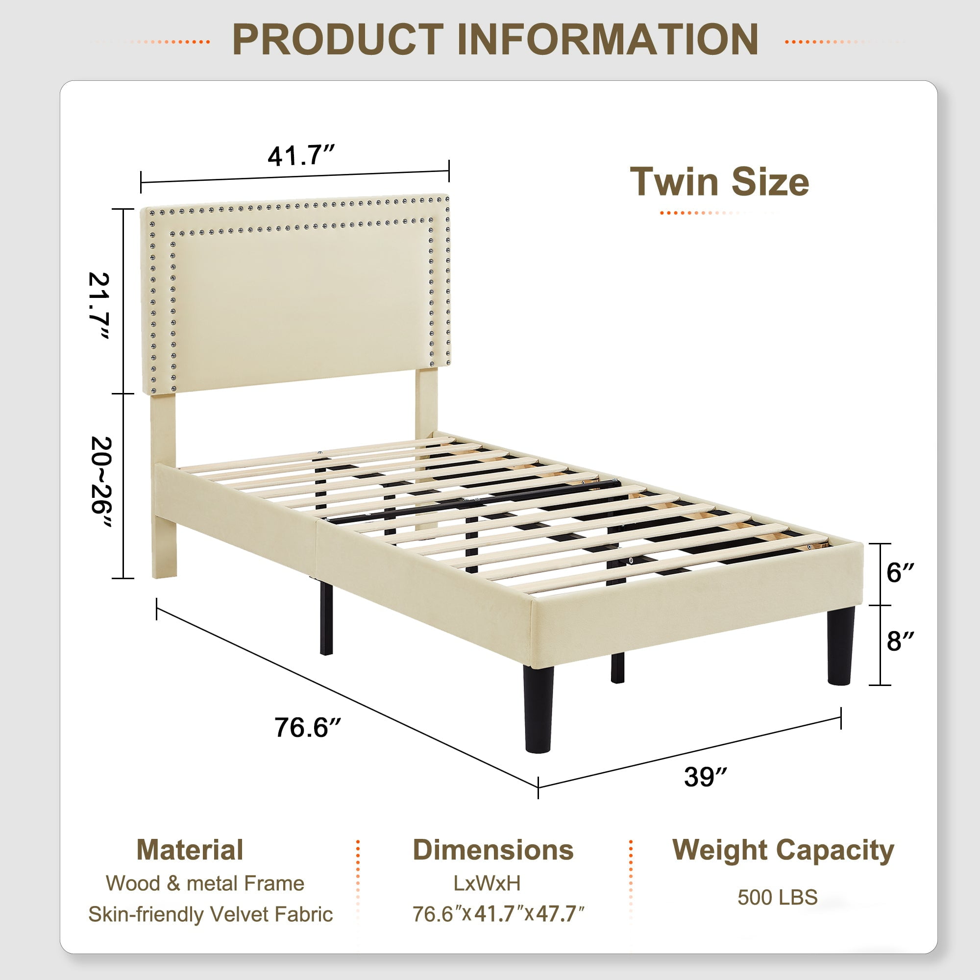 Katkuca Twin Bed Frame, Upholstered Queen Size Platform Bed Frame with Adjustable Headboard, Strong Wood Slat Support, No Box Spring Needed, Beige