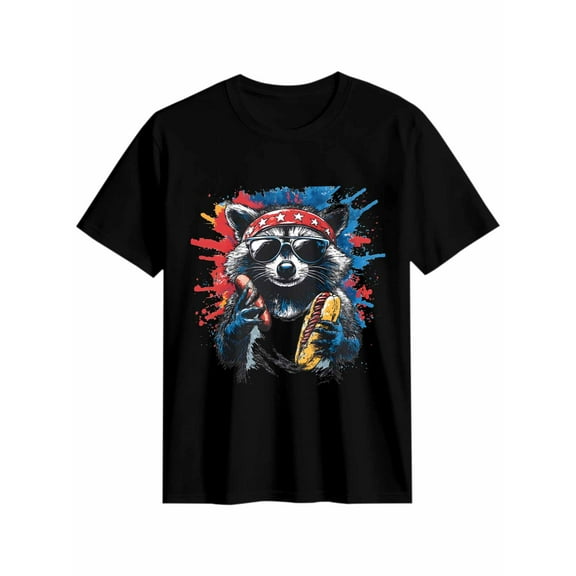 Women's T-Shirt Raccoon Hot Dog American Short Sleeve Casual Tee Classic Crew Neck T Shirt for Women Black, 3XL