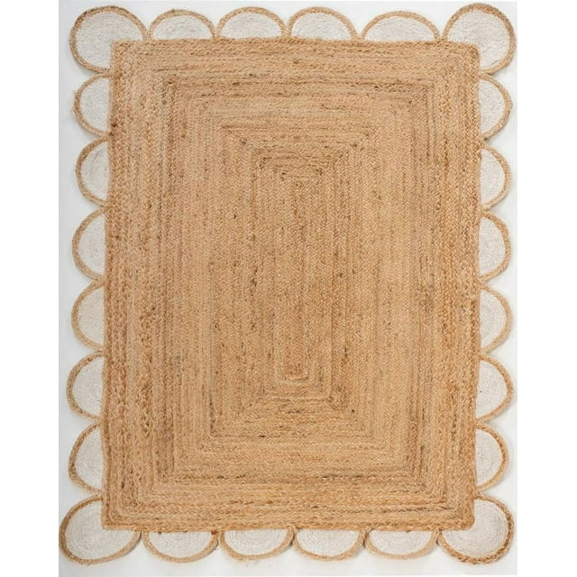 Handwoven Natural Jute with white Scalloped Rugs , Home Décor Jute Carpet 6 x 9 Feet ( 180 cm x 270 cm )Rectangle