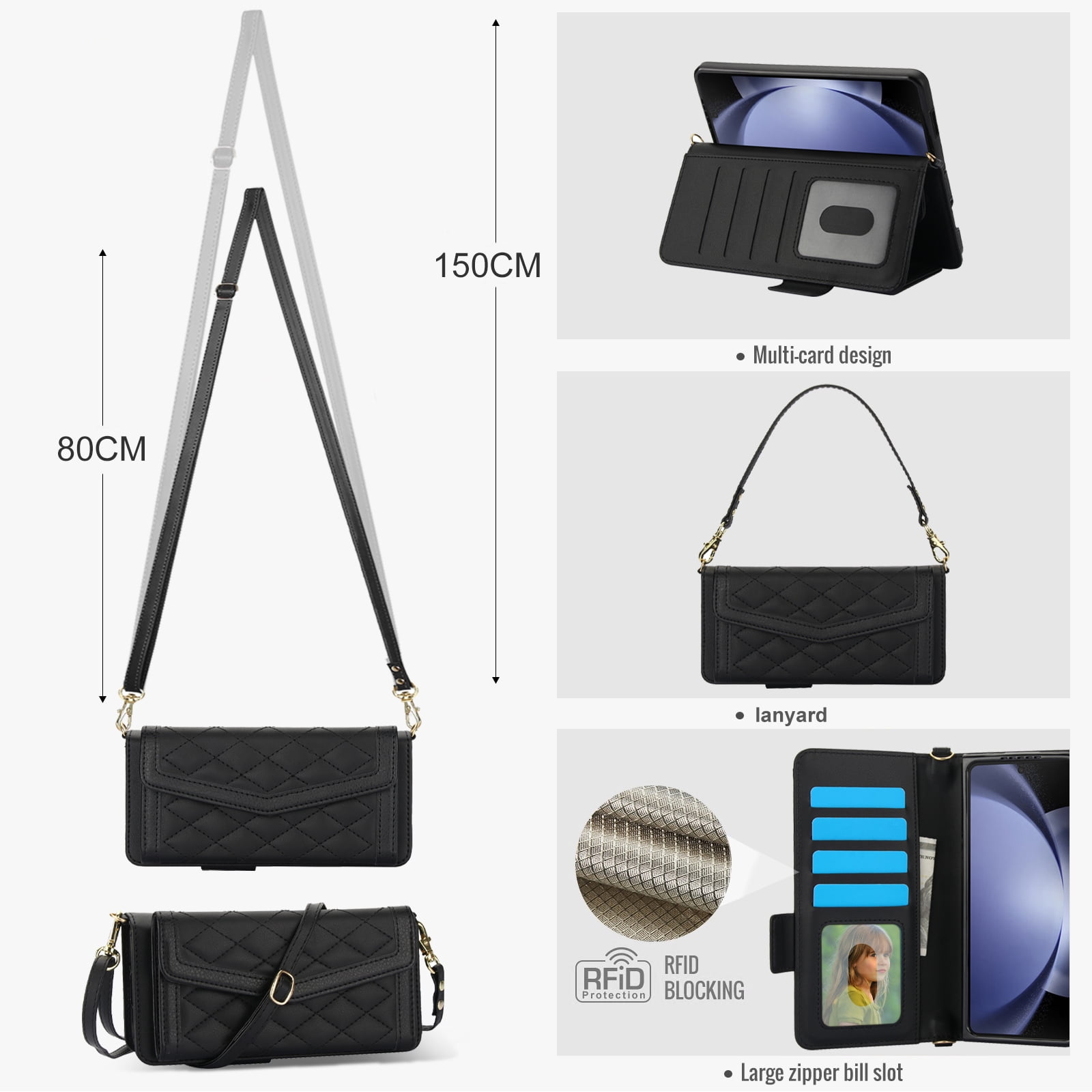 Dteck for Samsung Galaxy Z Fold 3 Wallet Case with S Pen Holder for Women, Crossbody Wallet Z Fold 3 Phone Case with 12-Card Slots, PU Leather Flip Case with Strap Wristlet & Shoulder Strap,Black