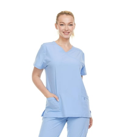 

Heal + Wear Women Scrubs Top V-Neck Short Sleeve Famale Medical with Pockets Regular Fit 4 Way Strech Lavender M