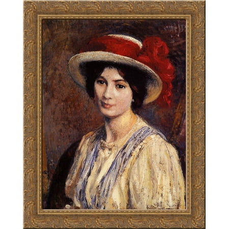 Hat with a Red Ribbon 24x20 Gold Ornate Wood Framed Canvas Art by Georges Lemmen