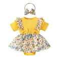 thumbnail image 2 of Utlike Girls Bodysuits Short Sleeve Ribbed Floral Romper Jumpsuits Dress Headbands Set Toddler Crawling Playsuit Size 6 Months-9 Months, 2 of 7