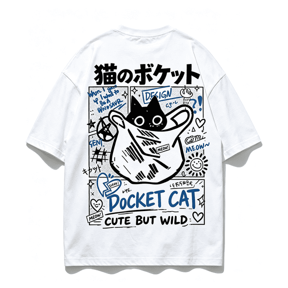 Unisex Pocket Cat Graphic T‑Shirt, Cute But Wild Street Doodle Back Print, Japanese Style Casual Crew Neck Short Sleeve Tee for Men Women